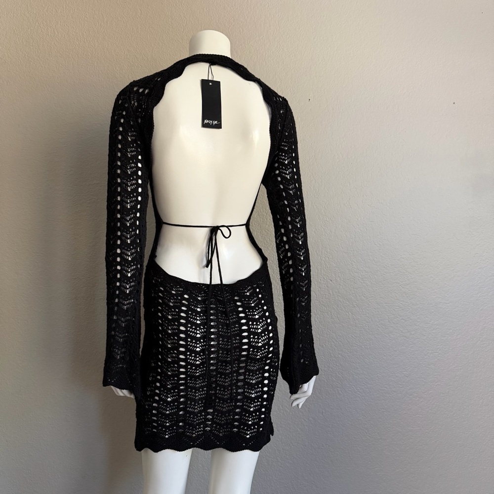 Nasty Gal Black Crochet Open Back Mini Dress Bell Sleeve Sheer NWT Swim Cover Up - Picture 3 of 7
